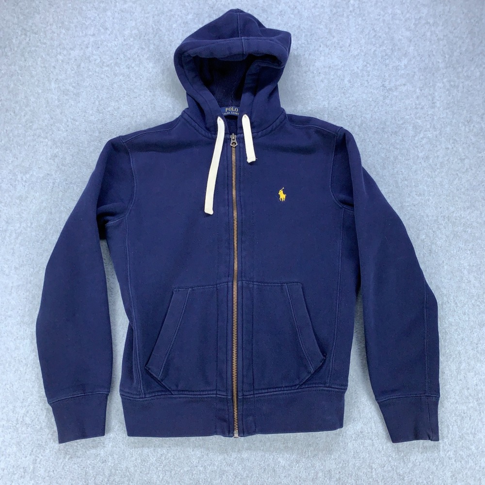 Polo Ralph Lauren Full Zip Hoodie Men Small Navy Blue Yellow Pony Fleece Classic